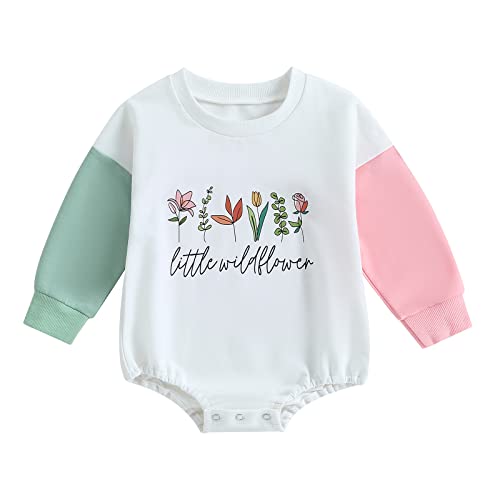 Muasaaluxi Newborn Baby Girl Fall Clothes Long Sleeve Crewneck Sweatshirt Romper Color Block Onesie Bodysuit Oversized Sweater (Little Wildflower, 0-6 Months)