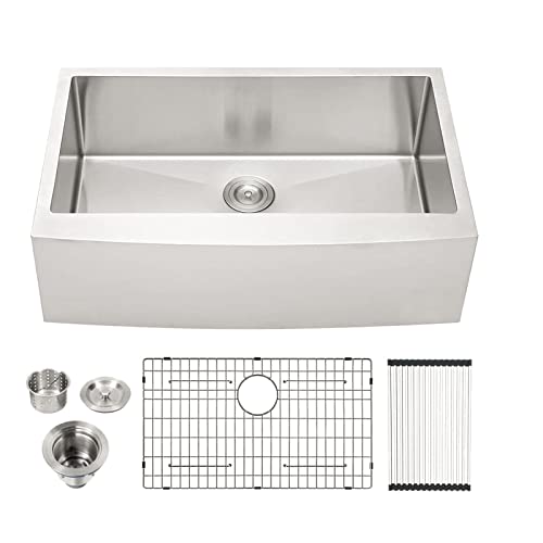 Lordear 33 Inch Farmhouse Kitchen Sink Apron Front 16 Gauge Stainless Steel Single bowl Farmer Sink Single Basin Round Corners 33X21X10 Farm Sinks