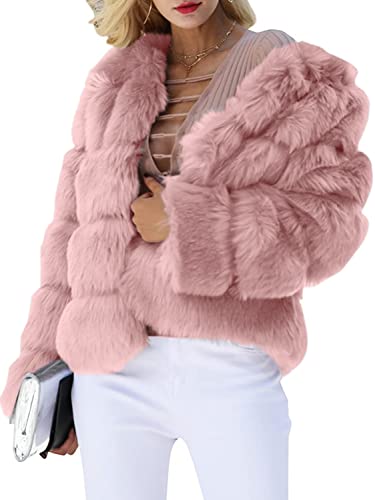 Simplee Women Luxury Winter Warm Fluffy Faux Fur Short Coat Jacket Parka Outwear, Pink, 12, XXX-Large