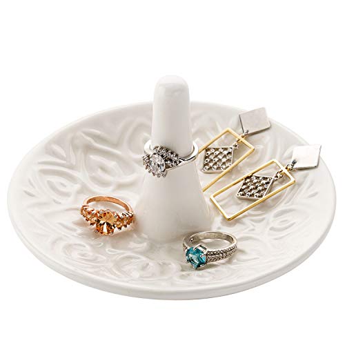 MyGift Decorative White Ceramic Ring Tray for Jewelry, Ring Cone and Trinket Tray with Raised Heart Design