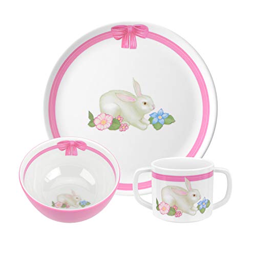 Portmeirion Botanic Garden 3-Piece Dinner Set | Terrace Collection | Dinnerware Set, Cup, Bowl, and Plate | Pink | Bunny Motif | Made of Melamine | Dishwasher Safe