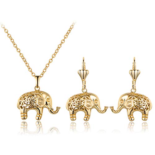 Barzel 18K Gold Plated Filigree Cutout Drop Elephant Earrings and Necklace Jewelry Set (Yellow Gold)