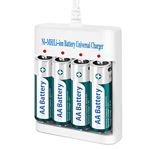 AA Rechargeable 1.5V Lithium Batteries with Charger(4-Bay Independent Slot), 4 Pack Long-Lasting Double A Size Battery 2600mWh for Blink Camera