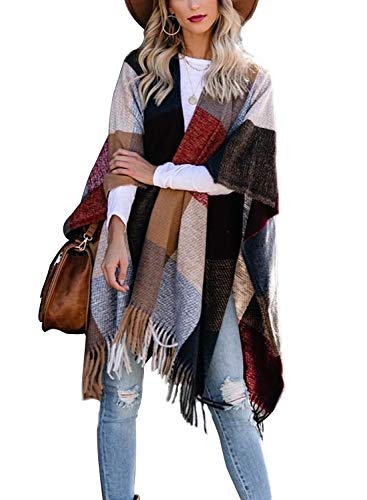VIMPUNEC Women's Plaid Poncho Pashmina Shawl Wrap Cape Sweater Knitting Kimono Cardigan with Tassel Brown