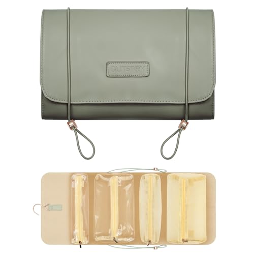 OutSpry Roll-Up Makeup Bag, Hanging Travel Toiletry Bag, PU Leather Folding Envelope Cosmetic Bag, 4 Detachable Zippered Storage Bag Shaving Bag for Women Girl, Matcha Green