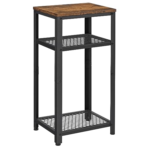 VASAGLE 3-Tier Tall Side Table, Small Telephone End Table Stand with 2 Mesh Storage Shelves for Office, Bedroom, Living Room, Kitchen Cart, Rustic Brown and Black