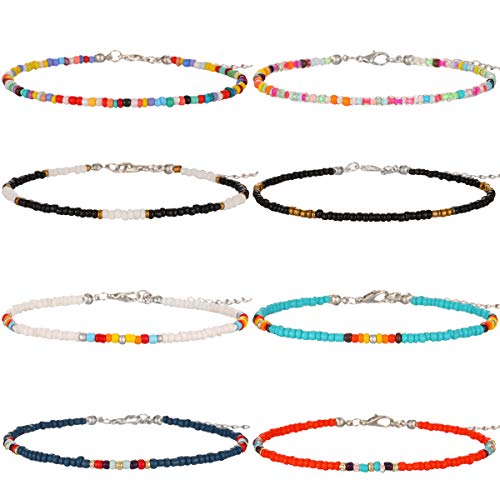 XIJIN 8Pcs Handmade Beaded Anklets for Women Boho Colorful Beads Ankle Bracelets Adjustable Foot Anklet Set