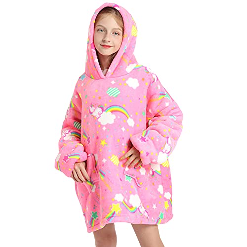 Oversized Blanket Sweatshirt for Kids, Super Soft Fluffy Sherpa Fleece Hoodie Sweatshirt with Two Big Pockets One Size Wearable Snuggle Blankets Fits All for Boys Girls (7-14 Years)