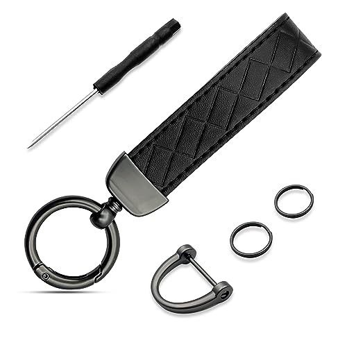 NTNEV Car Genuine Leather Keychain, Universal Key Fob Keychain, 360 Degree Rotating Keychain, Anti-Loss D-Ring, 2 Key Rings and 1 Screwdriver, Unisex Keychain-Black