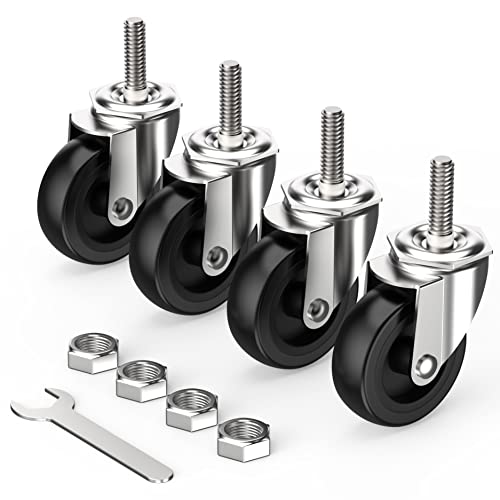 HOLKIE Caster Wheels 3 inch with No Brake Stem Casters, 3/8' -16 x 1-1/2' (Stem Diameter 3/8', Stem Length 1-1/2') Threaded Swivel Casters Set of 4 Heavy Duty Castors Black