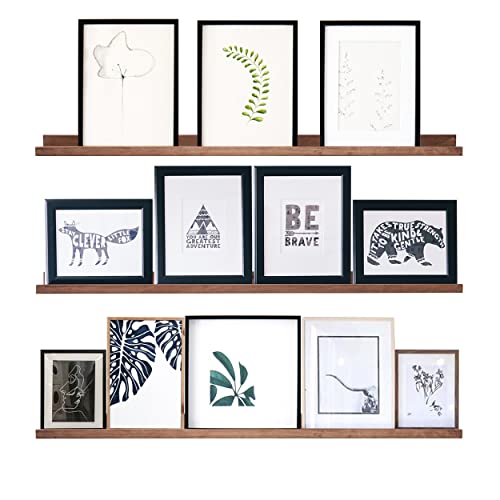 36 Inch Picture Ledge Shelf Rustic Wall Mount Light Walnut Long Narrow Picture Shelves Storage for Books Toys Music Albums Green Plants-Photo Ledge Shelf Set of 3 Mounting Hardware Include …