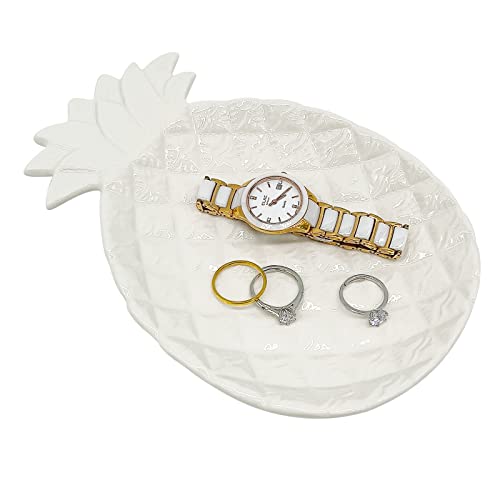 Ceramic Jewelry Dish - Ring Holder & Decorative Trinket Tray for Bathroom, Nightstand, and Vanity (White Pineapple)