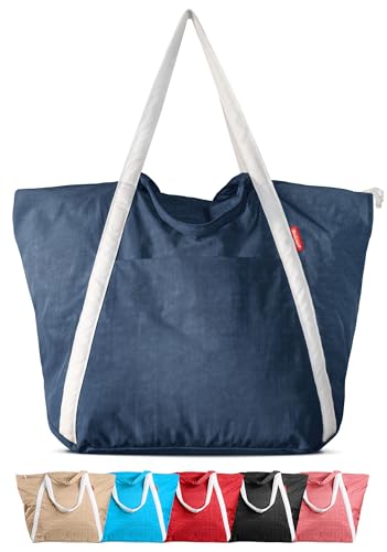 Bodysurf Large Beach Bag with Zipper, Beach Bags Waterproof Sandproof, Lightweight Tote Travel Bag, Packable Pool Bag, Nylon Tote Bag (Marine Blue, XL)