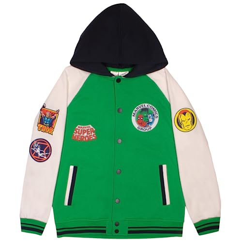 Marvel Comics Boys Superheroes Button-Up Fleece Varsity Jacket for Kids and Toddlers (Size 14/16, Green)