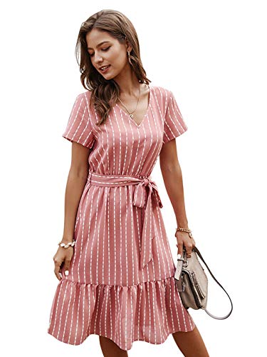 Anna-Kaci Women's Vertical Striped Short Sleeve Ruffle Flowy Swing Dress with Belt, Pink, Medium