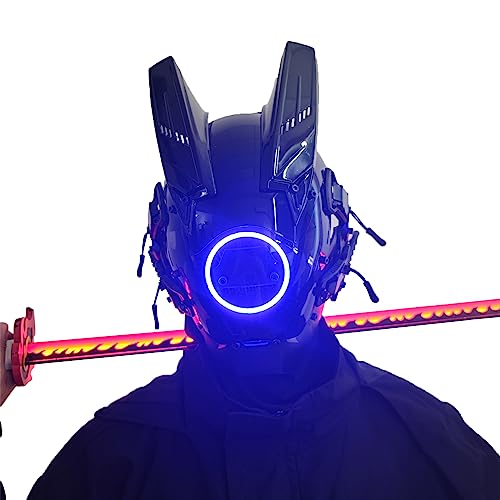 JAUPTO Techwear Mask Punk Mask Helmet,LED Light Cool Samurai Mask,Halloween Cosplay Anime mask (blue)