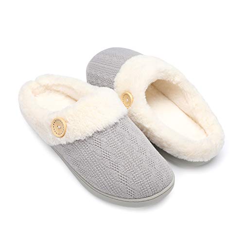 Chantomoo Womens Slipper Warm Comfy Memory Foam House Slippers Knitted Shoes Faux Fur Lined Anti-Skid Rubber Sole Bedroom Cozy Indoor Outdoor Slippers Lihgt Grey Size7 8 6.5