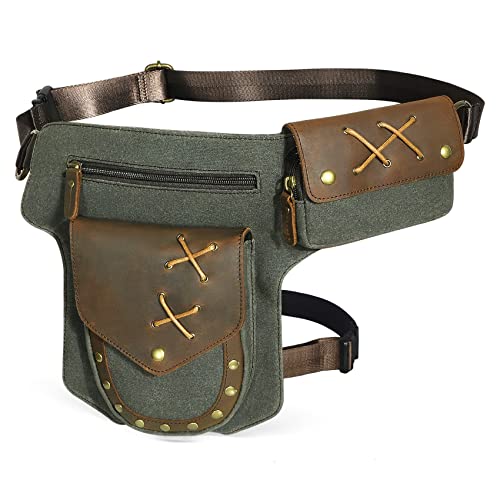 Handadsume Water Resistant Canvas Plus Leather Motorcycle Fanny Waist Pack One Shoulder Drop Leg Thigh Bag For Men Women N211-8 (The Army Green)