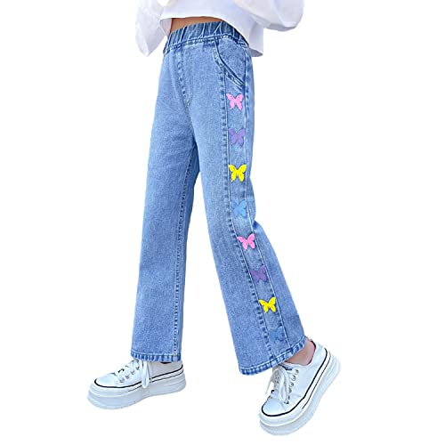 Big Girls Baggy Jeans Elastic Wide Leg Stretch Denim Pants Loose Kids Clothes (Colorful Butterfly, 11-12 Years)
