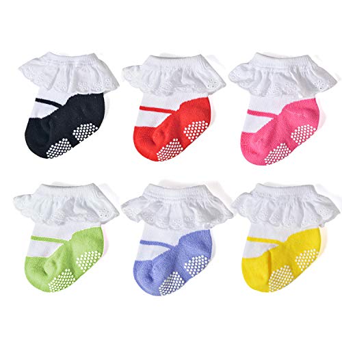 EPEIUS Baby Girls Seamless Non-Slip Socks Like Shoes Newborn Girls Anti Slip Booties Grip Lace Socks 0-6 Months (Set of 6)