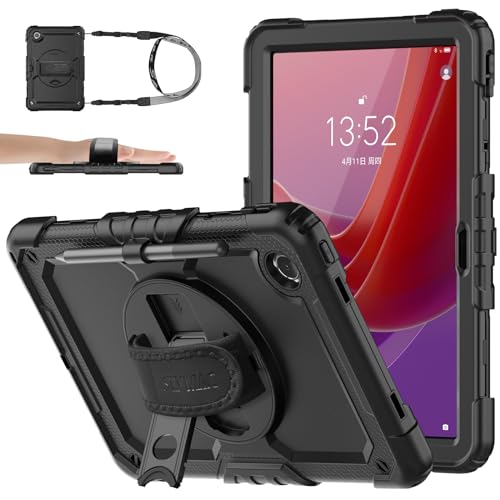SEYMAC stock Case for Lenovo Tab M11 (TB-330FU/330XU) 11' Case with Screen Protector, Drop-Proof Protection with 360° Rotate Stand &Strap [Pen Holder] Case for Lenovo Tab, Black