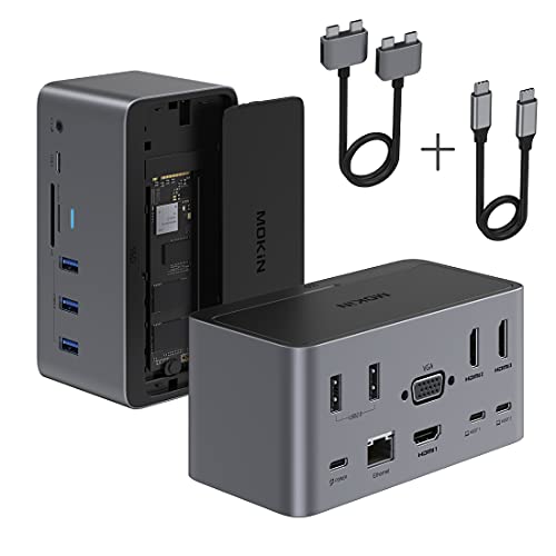 Docking Station, 18in1 USB C Docking Dtation Dual Monitor for Windows/MacBook Pro/Air/Thunderbolt 3 Dock with SSD Enclosure 3 HDMI DP100W PD3.0 RJ45 Ethernet SD/TF Card Reader Audio&Mic 5 USB Ports.