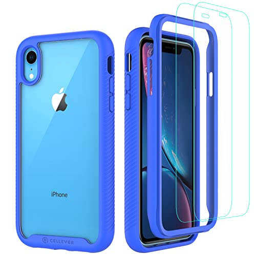 CellEver Clear Full Body Case for iPhone XR, Heavy Duty Protection with Anti-Slip TPU Bumper and [2 Tempered 9H Glass Screen Protectors] Shockproof Transparent Phone Cover 6.1 Inch (Blue)