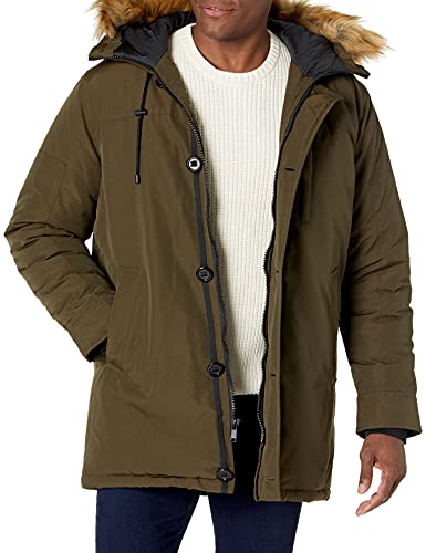 GUESS Men's Heavyweight Hooded Parka Jacket with Removable Faux Fur Trim, Olive, Medium