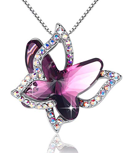 GEMMANCE Butterfly Crystal Necklace with Amethyst Pink Birthstone for February, Silver-Tone, 18”+2”Chain