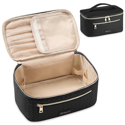 SFXULIX Makeup Bag,Portable Cosmetic Bag,Large Capacity Travel Cosmetic Bag,PU Leather Waterproof Travel Makeup Bag for Girls Traveling With Handle and Divider Makeup Organizer Bag (Black)