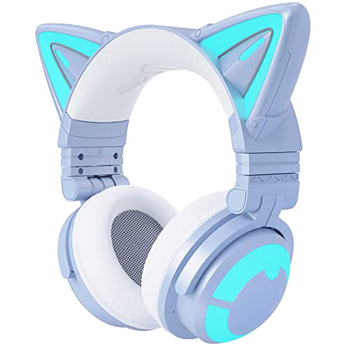 YOWU RGB Cat Ear Headphone 3G Wireless 5.0 Foldable Gaming Headset with 7.1 Surround Sound, Built-in Mic & Customizable Lighting and Effect via APP, Type-C Charging Audio Cable -Blue