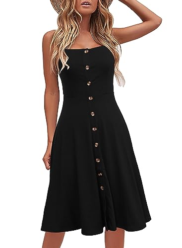 Berydress Women's Summer Spaghetti Strap Solid Stretchy Cotton Button Down Flattering A-Line Black Midi Dress (S, 6046-Black)