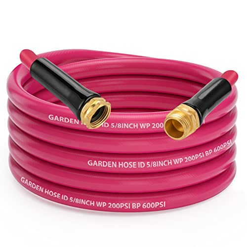PAULINN Garden Hose 5/8 in. x 25 ft, Heavy Duty Water Hose for RV Camper Boat Outdoor Lawn Yard, Drinking Water Safe, Flexible and Lightweight - Kink Free, All-Weather, Solid Brass Fittings, Rose Red