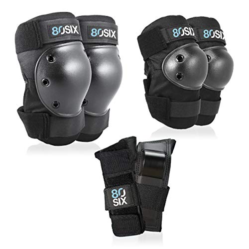 80Six Pad Set with Wristguards, Elbow Pads, and Knee Pads for Kids, Black, Medium / Large - Ages 14+