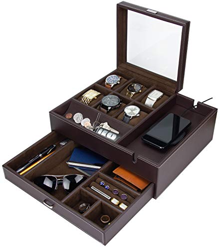 HOUNDSBAY Commander Dresser Valet Watch Box Case & Mens Jewelry Box Organizer with Smartphone Charging Station and Cufflink Box (Brown/Brown)