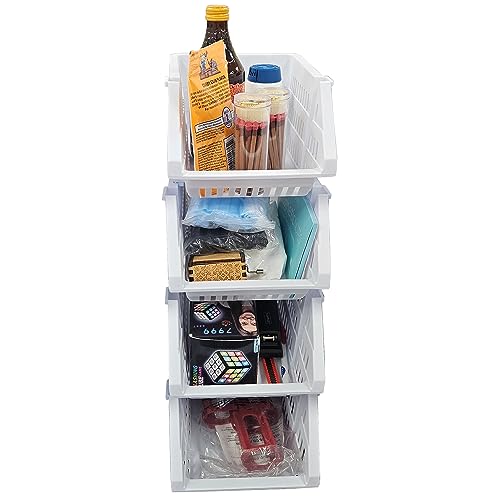Skywin Plastic Stackable Storage Bins for Pantry White - 4-Pack Small Stackable Bins For Organizing Food, Kitchen, and Bathroom Essentials (Arch)