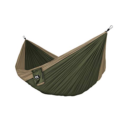 Fox Outfitters Neolite Double Camping Hammock - Lightweight Portable Nylon Parachute Hammock for Backpacking, Travel, Beach, Yard. Hammock Straps & Steel Carabiners Included (Khaki/Olive Green)