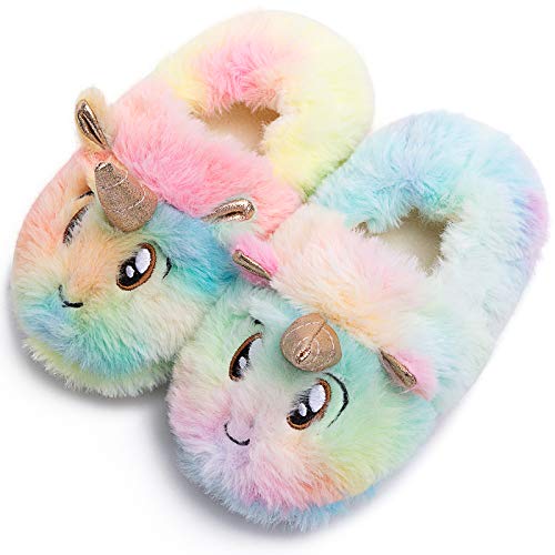 Toddler Boys Girls Cute Slippers Unicorn Fluffy Fuzzy Winter Warm Slippers Cartoon Animal Plush Indoor House Slip-on Shoes (Pink Unicorn, Numeric_9)