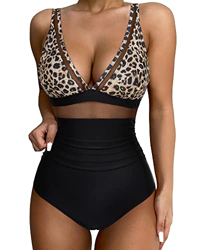 SUUKSESS Women Slimming Tummy Control One Piece Swimsuits Sexy Mesh High Waisted Monokini Bathing Suits (Leopard, L)