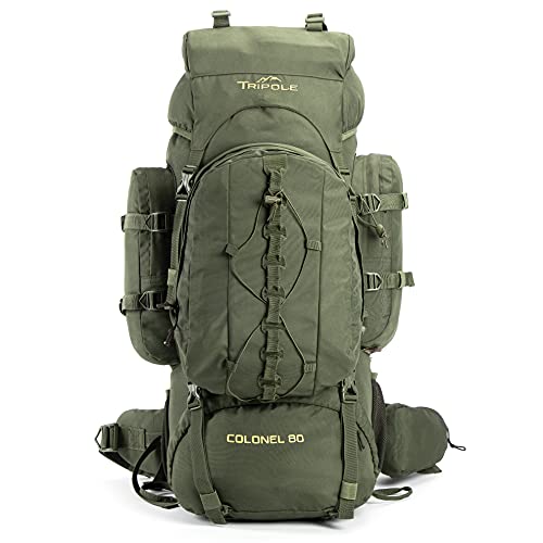 Tripole Colonel 80 Litres Internal Frame Rucksack + Detachable Day Pack, Rain Cover, Army Green