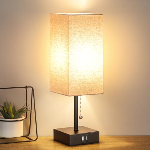 GGOYING Bedside Table Lamp, Pull Chain Table Lamp with USB C+A Charging Ports, 2700K LED Bulb, Fabric Linen Lampshade, Nightstand Lamp for Livingroom Bedroom Office Reading Working
