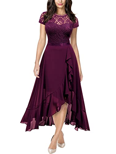 Miusol Women's Retro Lace Contrast Chiffon Ruffle Evening Maxi Dress (Medium, Magenta)
