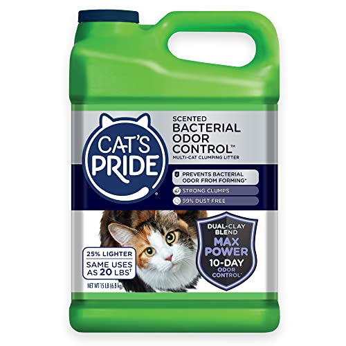 Cat's Pride Max Power: Bacterial Odor Control - Up to 10 Days of Powerful Odor Control - Strong Clumping - 99% Dust Free - Multi-Cat Litter, Scented, 15 Pounds
