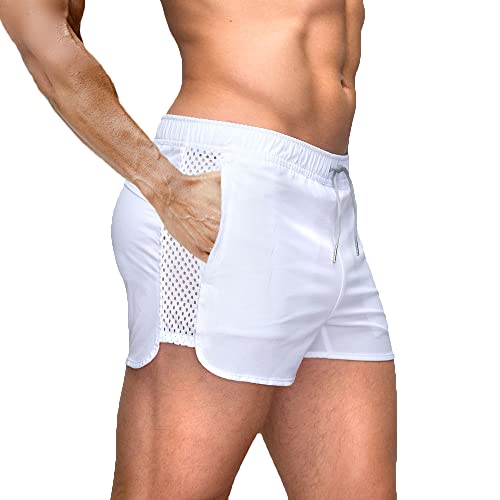 Rexcyril Men's Running Workout Shorts Quick Dry Gym Bodybuilding Athletic Shorts with Pockets, White, Large