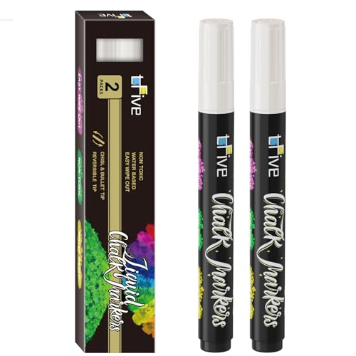 TFIVE White Liquid Chalk Markers - 2 Pack Bright Colors Erasable Chalk Marker Pens, Reversible Tip, Non-Toxic, for Chalkboards, Signs, Glass, Easy to use Chalk markers for Kids, Adults
