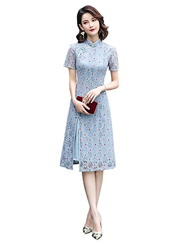 SUETOR Womens Dots Lace with Chiffon Lining A-Line Qipao Dress,Elegant Ao Dai Cheongsam,Chinese Traditional Clothing -8776 Blue,3XL
