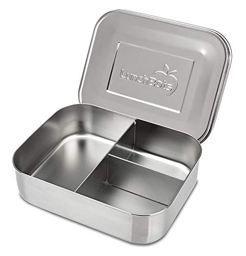 LunchBots Medium Trio II Snack Container - Divided Stainless Steel Food Container - Three Sections for Snacks On the Go - Eco-Friendly, Dishwasher Safe, BPA-Free - Stainless Lid - Stainless Steel