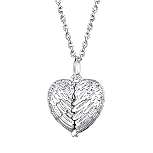 Bestyle Sterling Silver Heart Shape Angel Wing Lockets for Women Girls that Hold Picture, Memorial Message Photo Lockets Heart Pendant, Love Heart Jewelry for Birthday Anniversary, 18'+2' Chain