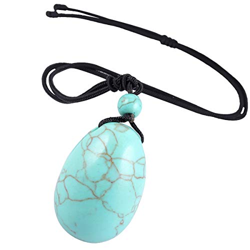 TUMBEELLUWA Carved Stone Egg Shape Necklace Chakra Quartz Pendant with Cord Amulet Healing Crystal Jewelry for Unisex,Green Howlite Turquoise