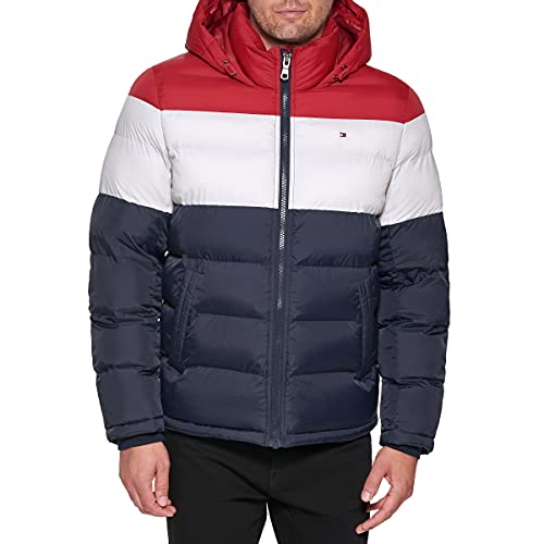 Tommy Hilfiger Men's Hooded Puffer Jacket, Red/White/Midnight, Medium